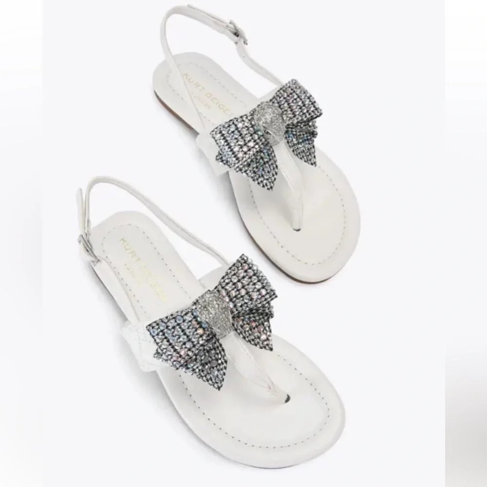 Kurt Geiger Junior White Slingback Thong Sandals with Crystal Bow NEW